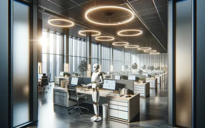 DALL·E 2024-05-20 10.36.35 - Create a wide image of a high-end, modern office space where AI has tailored a lighting scheme that emphasizes productivity and style. The office shou